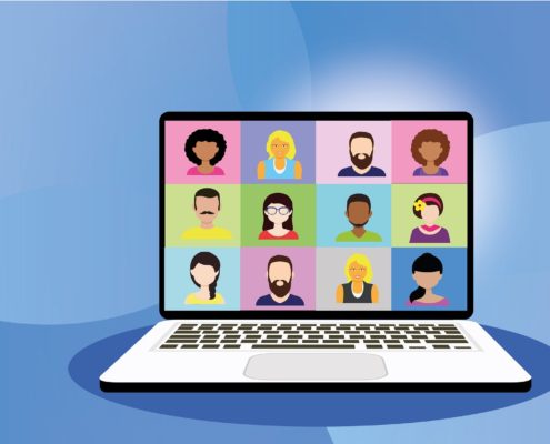 Illustrated graphic showing a laptop with people on a video conference